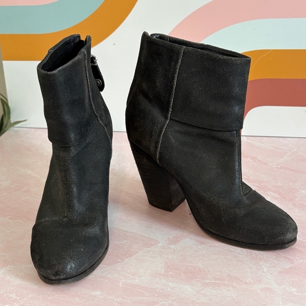 rag & bone Black Leather Wood Stacked Heel Ankle Boots Zip Back | size 37.5
